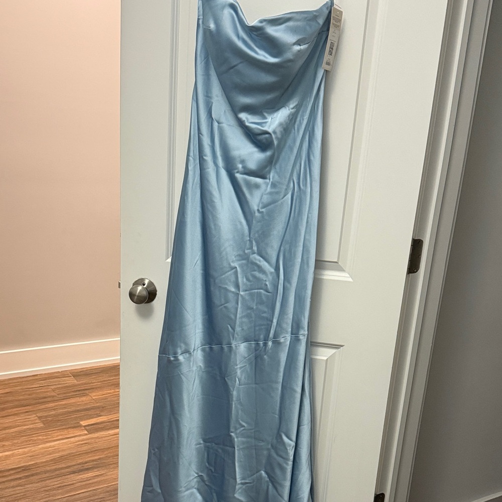 **Revelry Strapless Satin Dress in Light Blue**